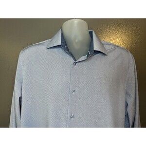 Tom Baine Shirt Mens XL 17.5 Blue Slim Fit Stretch Geometric Button Down Dress